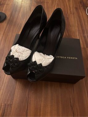 Bottega Veneta Black Leather Peep-Toe Heels with Embellished Toe